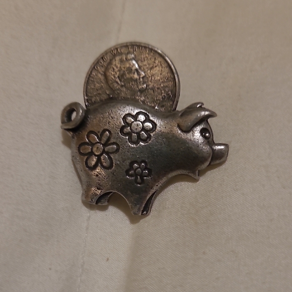 Jewelry - Silver Piggy Coin Charm Pendant - Floral Design Vintage